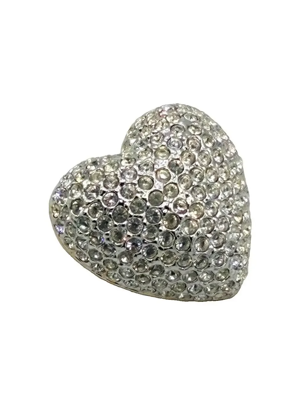 Vintage Pave Rhinestone Puffy Heart Dome Brooch Convertible Pendant Silver Tone